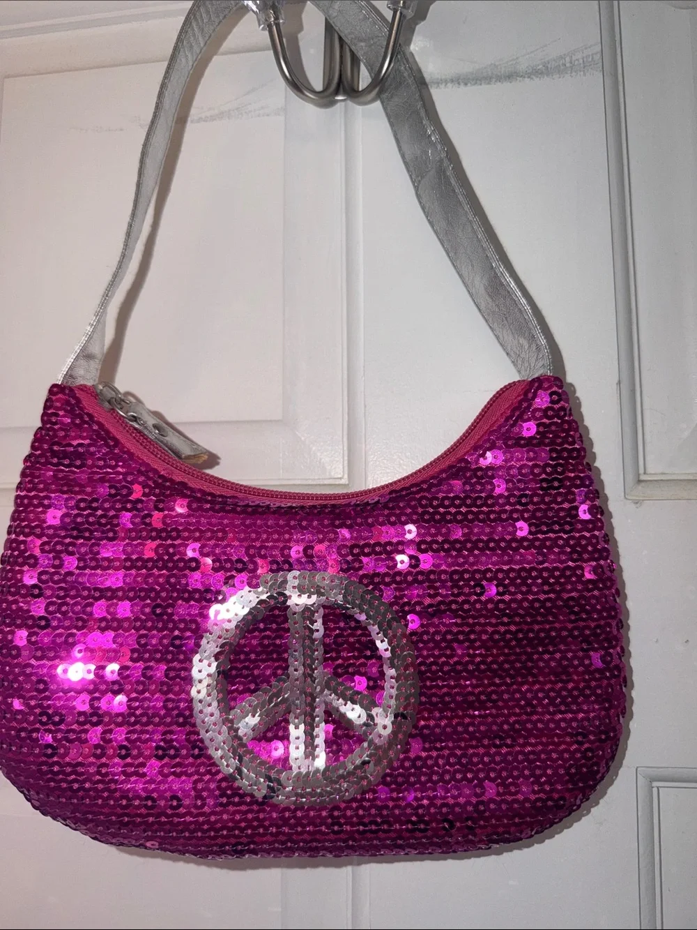 Girls Sequin Pink Peace Sign Shoulder Bag with Silver Strap